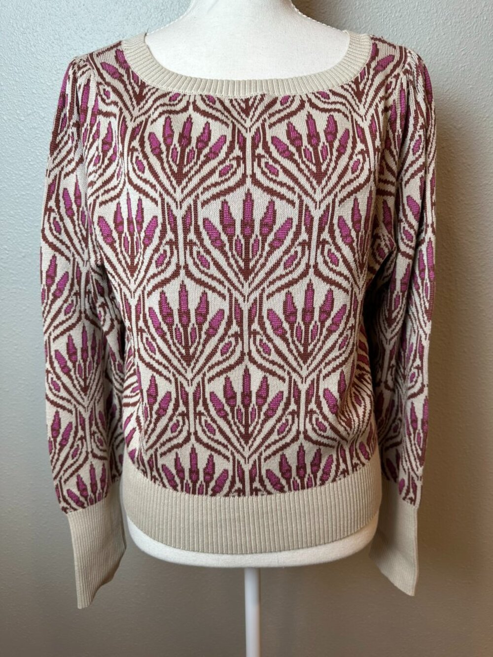 Vintage Style Pink Purple Beige Botanical Crew Neck Sweater Knit Grandpacore S